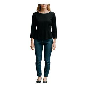 Maggie Ward Black Peplum Blouse Size Small Semi Sheer Long Sleeve Keyhole Button